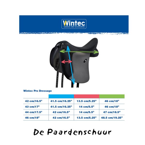 Maattabel lengte zadel Wintec pro dressage