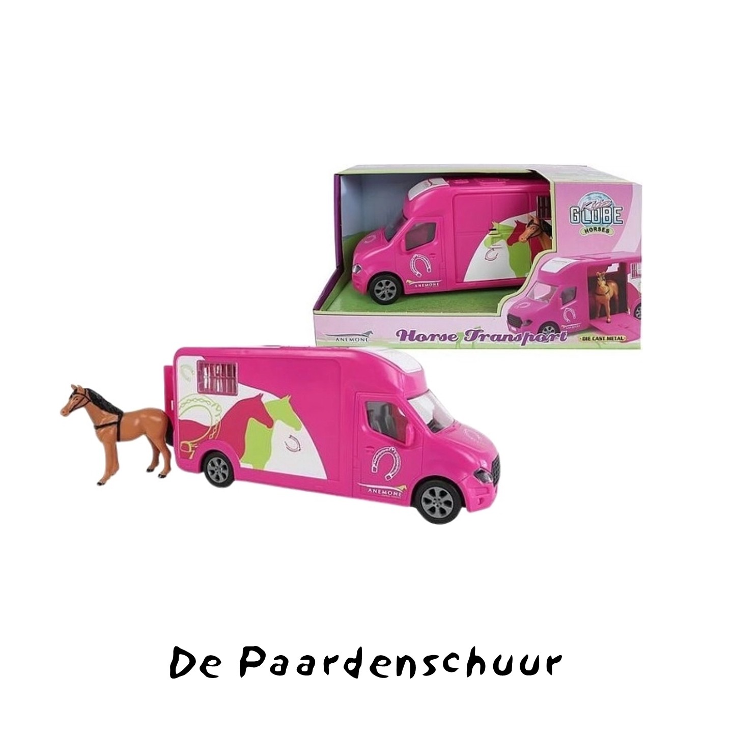 Roze Kids Globe Anemone paardentruck 1:36 speelgoedvrachtwagen met paard